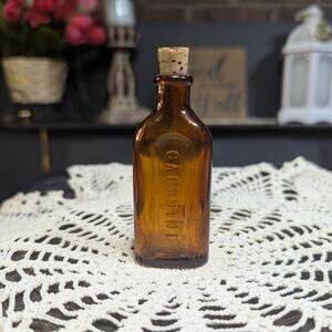 Empty Vintage Cork Top Capudine Amber Glass Apothecary Bottle, Pre-Owned